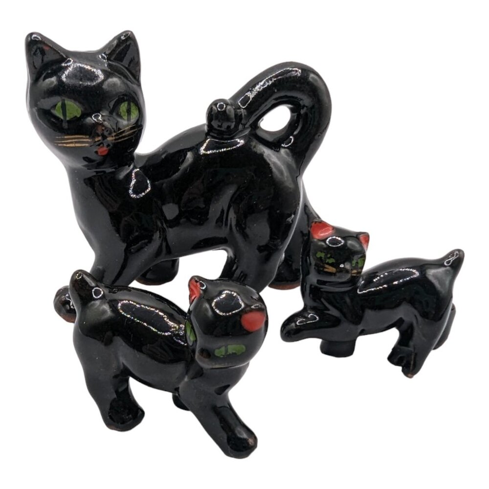 Vintage Ceramic Black Cats Mama with Two Kittens Kitschy Figurines MCM Redware - Picture 5 of 13